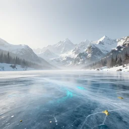 a beautiful 3 d render of a frozen lake, perfect, hazy, volumetric lighting, snowy summits in the background, very detailed, serene, cirrus, cyan accents, gold accents, washed out colors, photorealistic, master level composition, raytracing