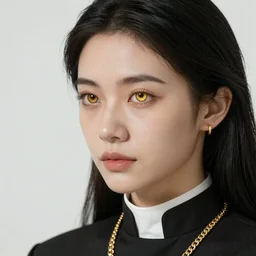 realistic detailed portrait of a female cleric, black hair, golden eyeball, golden jewellery, soft features, elegant