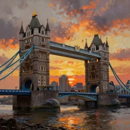 decrepit tower bridge in the foreground, a post apocalyptic london cityscape after a nuclear war, beautiful radioactive sunset lighting, beautiful painting, fallout, paint