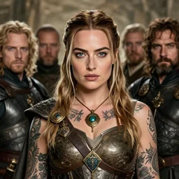 young margot robbie, legendary warrior, fighter, lord of the rings, tattoos, decorative ornaments, battle armor, carl spitzweg, ismail inceoglu, vdragan bibin, hans thoma, greg rutkowski, alexandros pyromallis, perfect face, detailed, sharply focused, centered, rule of thirds, photorealistic shading