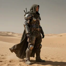 a cloaked rugged mercenary man with lost in the desert, scifi character portrait by greg rutkowski, esuthio, craig mullins, fullbody portrait, cinematic lighting, dystopian scifi gear, gloomy, profile picture, mechanical, half robot, implants, steampunk