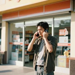 A man talking on a phone outside a convenience store on a sunny afternoon, promotional shot