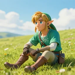 A photo of Link from Zelda sitting in a field on a sunny day with clouds in the sky, he is old