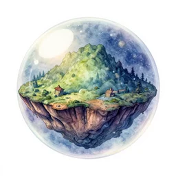 island inside a bubble floating in space, drawing, nebula gradient watercolor, intricate linework, stunning artwork, highly detailed, trending on artstation,