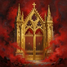 a painting of a golden!!! gothic!!! gate!!!! surrounded by red smoke, a detailed matte painting by anato finnstark, trending on cgsociety, gothic art, hellish background, apocalypse landscape, matte drawing