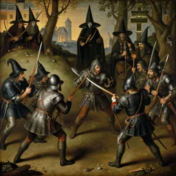 dutch soldiers fighting evil witches, painting, 1 6 th century, detailed