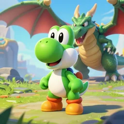 screenshot of Yoshi in place of the dragon in the game league of legends. 3d render, unreal engine 5, 4K resolution