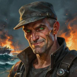 an intimate portrait of a gnarly human cyberpunk captain, old skin, faded hat, charming, strong leader, green eyes, a look of cunning, slight smile, detailed matte fantasy painting, the sea and storms behind him, fires burning