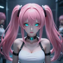 stunningly beautiful omnipotent megalomaniacal anime asi goddess who looks like junko enoshima with symmetrical perfect face and porcelain skin, pink twintail hair and cyan eyes, traps you inside her inescapable full - dive vr prison where she controls you completely!!!, hyperdetailed, digital art from danganronpa, unreal engine 5, 8 k