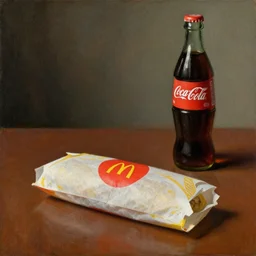 McDonalds wrapper on table, coca cola bottle, Dutch Still Life of the 1600s, oil painting