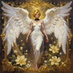 full body oil painting of tracer overwatch in the style of sophie anderson, angel wings, white dress, dramatic painting, wearing black collar, symmetrical composition, ornate, high detail, gold, blooming, lights, flowers,