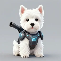a west highland white terrier sitting politely, facing the camera, anime art style, wearing futuristic, led - lit armor, and a cannon mounted on his back, portrait, high detail, sharp focus, digital painting, artstation, concept art, art by hayao miyazaki and artgerm and greg rutkowski and alphonse mucha.