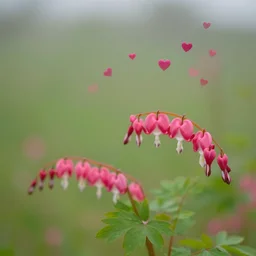 A picture of a delicate plant that has hearts as the flowers. Some hearts are flying away from the plant in the background with the wind