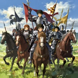 army of powerful medieval knights holding spears and flags on horses by makoto shinkai, fire emblem, anime, nier automata environment concept artstyle, greg rutkowski and krenzcushart