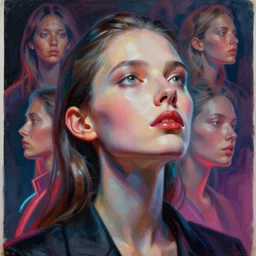 3 d, close - up, grim fashion model looking up, glass, neon, poster art, intricate oil painting, high detail, figurative art, multiple exposure, poster art, 3 d, by stanley kubrick and tooth wu and wlop and beeple