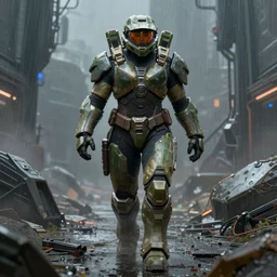 a beefy bulky female warrior walking in a cyberpunk wasteland facing the camera, mjolnir armor from halo infinite without a helmet!!!!!!!!!, intricate, female face features!!!!!!!!!!!!!!!!!!!!, 8K, octane render, Digital painting, concept art, illustration, sharp focus, centered, good value control, realistic shading, rational painting, raining, rubber undersuit