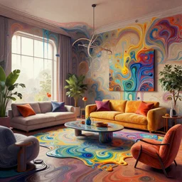 a beautiful insanely detailed cel shaded vector art of a modern living room intricate detailed color smashing fluid oilpaint, 3 d render, hyper realistic detailed, melting wax, fluid acrilic, thin fractal tendrils, scifi, fantasy, hyper detailed, octane render, concept art, by peter mohrbacher, by wlop, by ruan jia