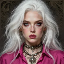 Cara Delevigne, white hair, magenta shirt,beautiful detailed eyes, dirty, fantasy, intricate, rough, highly detailed, digital painting, 4k, HDR, concept art, detailed jewelry, smooth, sharp focus, illustration, art by Artgerm, H R Giger and Alphonse Mucha
