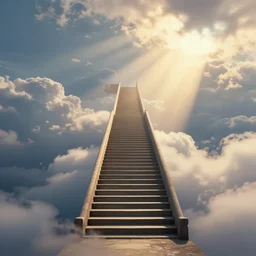 A long staircase leading to heaven in the clouds, striking lighting, volumetric sun rays, Thomas Kinkade, Greg Rutkowski, ArtStation, CGSociety, Unreal Engine