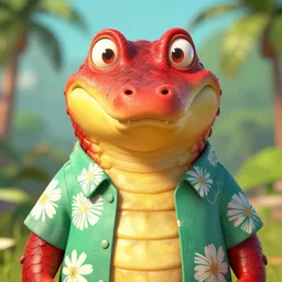 in the style of artgerm, loish and ross tran, anthropomorphic alligator, symmetrical face, symmetrical eyes, red scales on his back, yellow scale on his belly and chest, male, waring a hawaiian shirt, in the style of zootopia