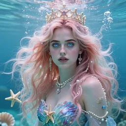 “ dakota johnson portrait, fantasy, mermaid, hyperrealistic, game character, underwater, highly detailed, sharp focus, cinematic lighting, pearls, glowing hair, shells, gills, crown, water, highlights, starfish, jewelry, realistic, digital art, pastel, magic, fiction, ocean, king, colorful hair, sparkly eyes, fish, heroic, goddess, waves, bubbles, queen ”