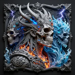 3 d ornate carved lich king with tattoos profile portrait, sigma 5 0 0 mm f / 5. beautiful intricate highly detailed quetzalcoatl skull. bioluminescent, plasma, lava, ice, water, wind, creature, thunderstorm! artwork by tooth wu and wlop and beeple and greg rutkowski, 8 k trending on artstation
