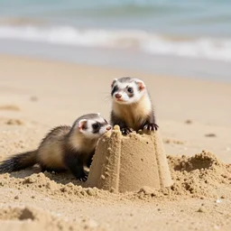 A medium shot, midday, warm lighting, photo of a ferret building a tiny cute sandcastle on the beach