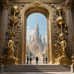 carved futuristic gateway at the end of ancient ornate steps with a large wide window to a city which details the vast architectural scientific and cultural achievements of ancient humankind, complex composition, molecules and machines, renato muccillo, andreas rocha, jorge jacinto, damian kryzwonos, ede laszlo, artstation, digital art, cinematic blue and gold