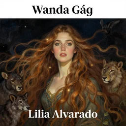 A beautiful illustration of a woman with long flowing hair, wild animals, and a dark, starry night sky. Wanda Gág by Lilia Alvarado ornate