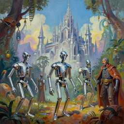 tarnished chrome droids and merchants, matte oil painting, chrome cathedrals, retrofuturistic, colorful, concept art, science fantasy, mutant, lgbt, rpg, epic, rusted, salt, jungles, dungeons & dragons, sharp focus, award - winning, extremely detailed, 4 k, 8 k