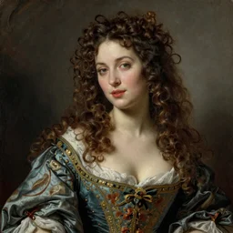 woman with long curly hair, ultra detailed, beautiful eyes, decolte, by greg hildebrandt fancy rococo baroque oil painting high quality clothed in fancy garb in pin up style