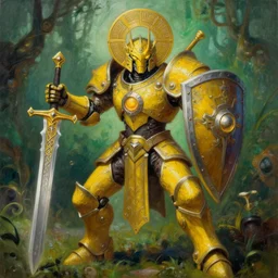 full body, attack position abstract painting in lush fantasy environment of a ornate holy mechanical warforged with circular glowing eye, disc disc disc disc shaped head, character in yellow armor holding a legendary paladin engraved holy great longsword and carrying a huge heavy paladin shield, face in focus, epic , trending on ArtStation, masterpiece, cinematic lighting, by Ross Tran, by Delphin Enjolras, by Ruan Jia, by Greg Rutkowski