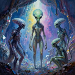painting of aliens hybrids, in a beautiful crystal caverine, by giger, jim burns, frank frazette, cold hue's, amazing colorful background, digital art, concept art, animal painting, beautiful composition 3 - d 4 k,