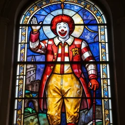 church stained glass window of Ronald McDonald UHD 4k 8k trending on art station