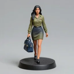 80mm resin detailed miniature of a female, olive skin, uniform, long black hair, school bag, on textured disc base ;Miniature product Photo, 4K, Full body