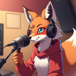 an anthropomorphic fox wearing headphones and speaking into a high - end microphone in a recording studio., trending on artstation, anime, furry art, trending on furaffinity