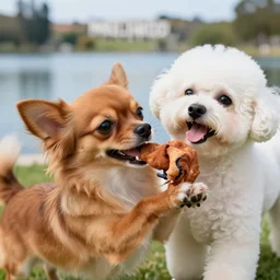 a photorealistic closeup image of a cute brown colored long haired chihuahua cocker spaniel dog playing with a happy white bichon frise dog at lake hollywood park. brightly lit. extreme detail. 4 k hd unreal engine