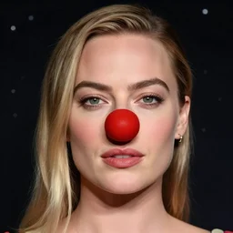 margot robbie portrait with red clown nose, space in the background, realistic facial features, beautiful face, sharp, 4k, HD
