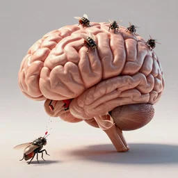 a 3D render of a brain being eaten by flies