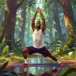 lebron james doing yoga in the forest, global illumination ray tracing hdr chromed reflexion, gta 5 comics official fanart behance hd artstation by jesper ejsing, by rhads, makoto shinkai and lois van baarle, ilya kuvshinov, ossdraws, that looks like it is from borderlands and by feng zhu and loish and laurie greasley, victo ngai, andreas rocha, john harris fast and furious
