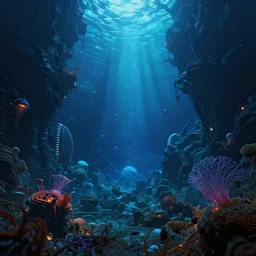 distant cyberpunk sealife underwater, mariana trench, midnight zone, vibrant lights, hyper realistic, hyper detailed, digital art, trending in artstation, studio quality, photorealistic, photo, by jesper ejsing, wlop, paul lehr