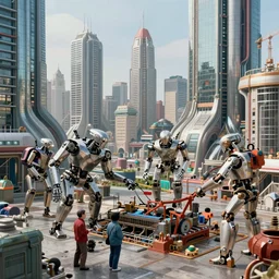 hyperrealism photography hyperrealism concept art of highly detailed robotic builders that building highly detailed futuristic ( cyberpunk ) city by wes anderson and hasui kawase and scott listfield sci - fi style hyperrealism rendered in blender and octane render volumetric natural light