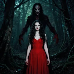 artgerm, william blake, full body, pretty alyson hannigan, evil dead demon, evil dead movie, red dress, symmetrical eyes, symmetrical face, long curly black hair, trees, forest, branches, cinematic lighting, evil dead creature, scary, blood