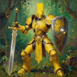 full body, attack position abstract painting in lush fantasy environment of a ornate holy mechanical warforged with circular glowing eye, character in yellow armor holding a legendary paladin engraved holy great longsword and carrying a huge heavy paladin shield, vertically flat head, face in focus, epic , trending on ArtStation, masterpiece, cinematic lighting, by Delphin Enjolras and by Ruan Jia