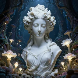 a fully dressed idealistic marble statue with beautiful porcelain face with fractal flowery hair in a fractal garden, glowing delicate flower and mushrooms that grow in a dark fatansy forest on the planet pandora,, symmetrical,
