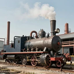 an industrial age steam engine factory, color photography, digital art