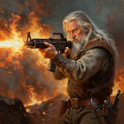 gandalf shooting with an ar-15, oil painting, war, fire, dramatic, very detailed, trending on artstation, 4k