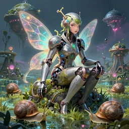 ultra realistic illustration of android fairy, alien homeworld, swamps, snails, beautiful, advanced technology, warframe, special effects, colorful lights, space ship in the distance, intricate, highly detailed, digital painting, artstation, concept art, smooth, sharp focus, illustration, art by artgerm and tim mcburnie and anato finnstark