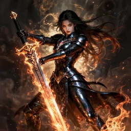 Posthuman god warrior with iridescent black armor brandishing a sword of fire