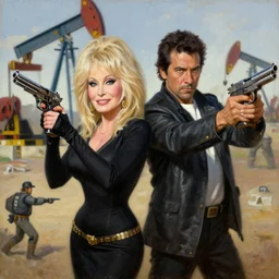 portrait of dolly parton and danny trejo with guns fighting a drug cartel, an oil painting by ross tran and thomas kincade